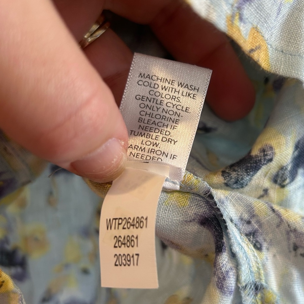 J. Jill love linen floral 100% linen blouse top Size L blue Yellow Roll Tab - Picture 6 of 11